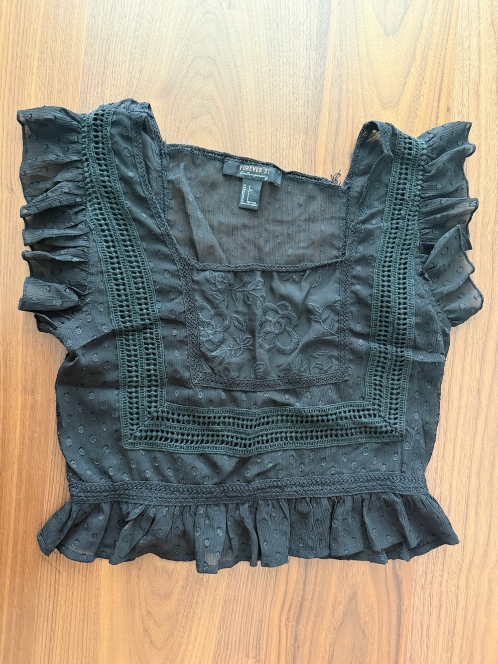 Forever 21 Black Embroidered Crochet-Trim Crop Top